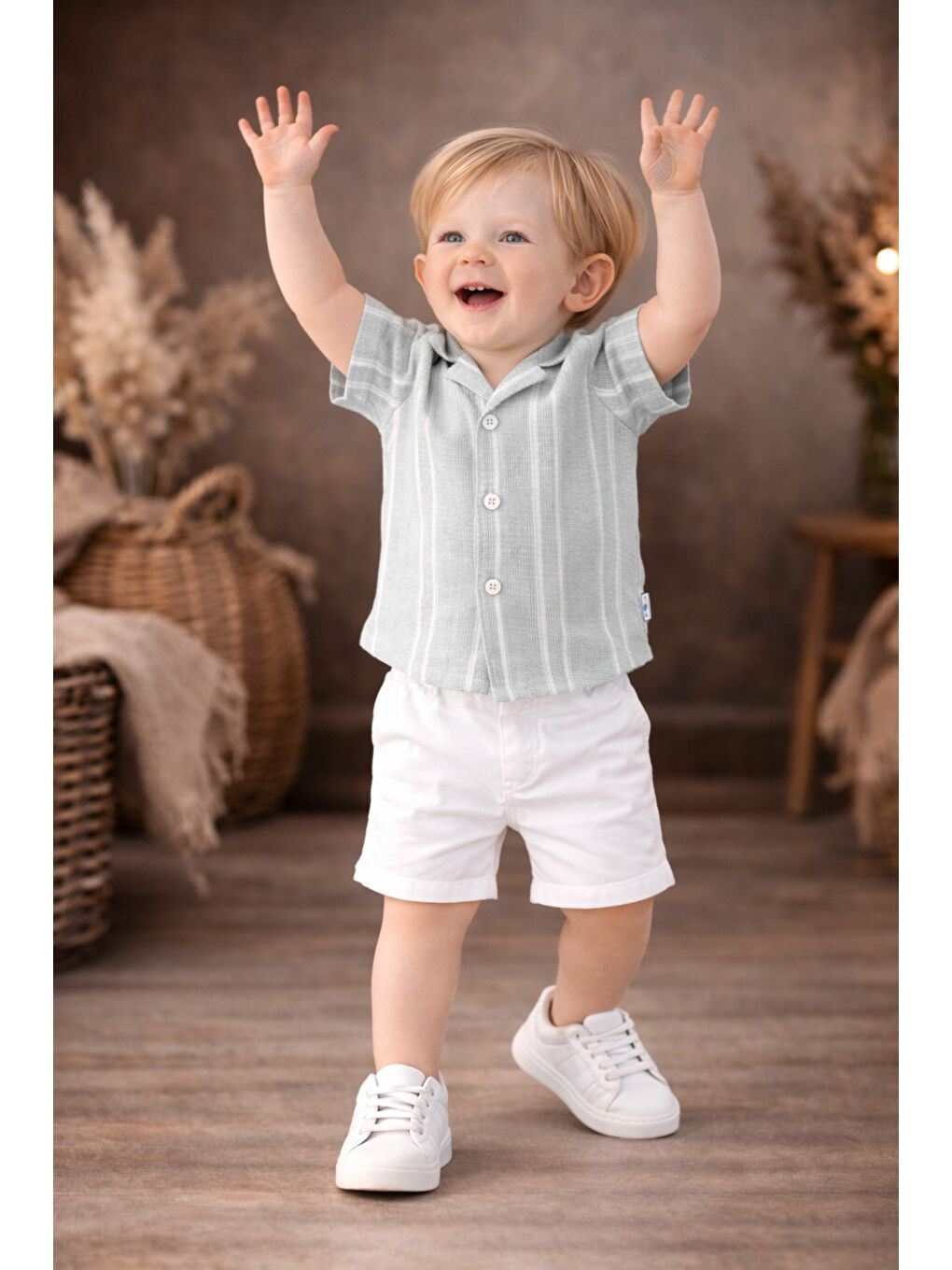 Gri Erkek Bebek Çizgili Gömlek Şort Takım Yazlık 2’li Kombin-3