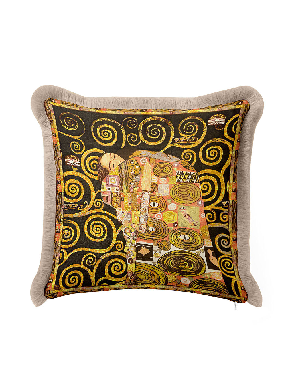 Karışık Sanat Eseri İllüstrasyonlu Saçaklı Yastık Kılıfı - Soyut Bohem Altın Renkli Püsküllü Kırlent Kılıfı