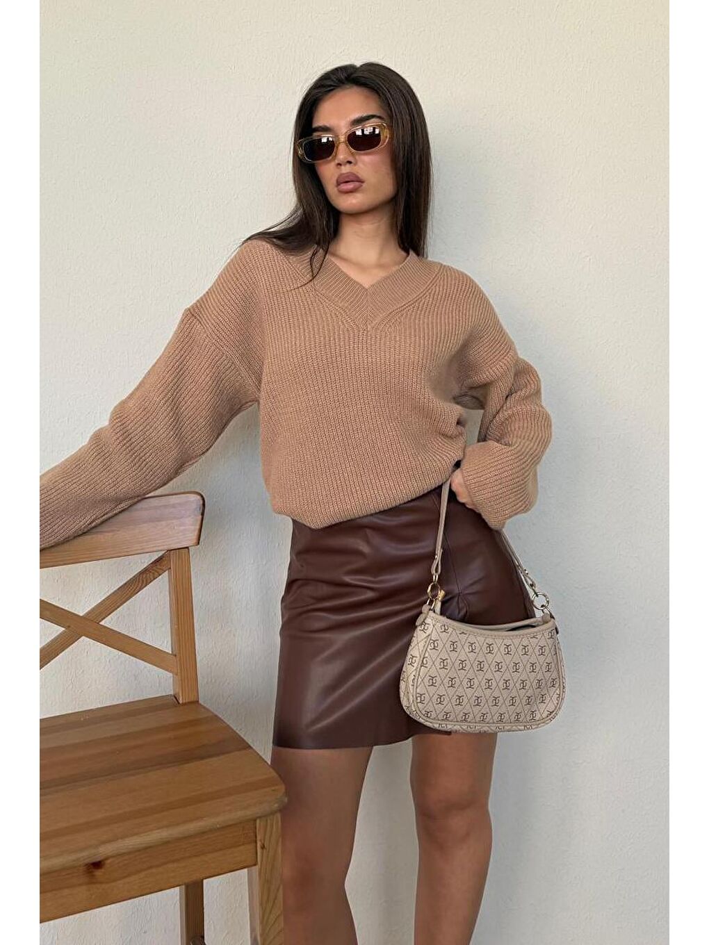Kahverengi Camel V Yaka Triko Kadın Kazak Mg2501-7