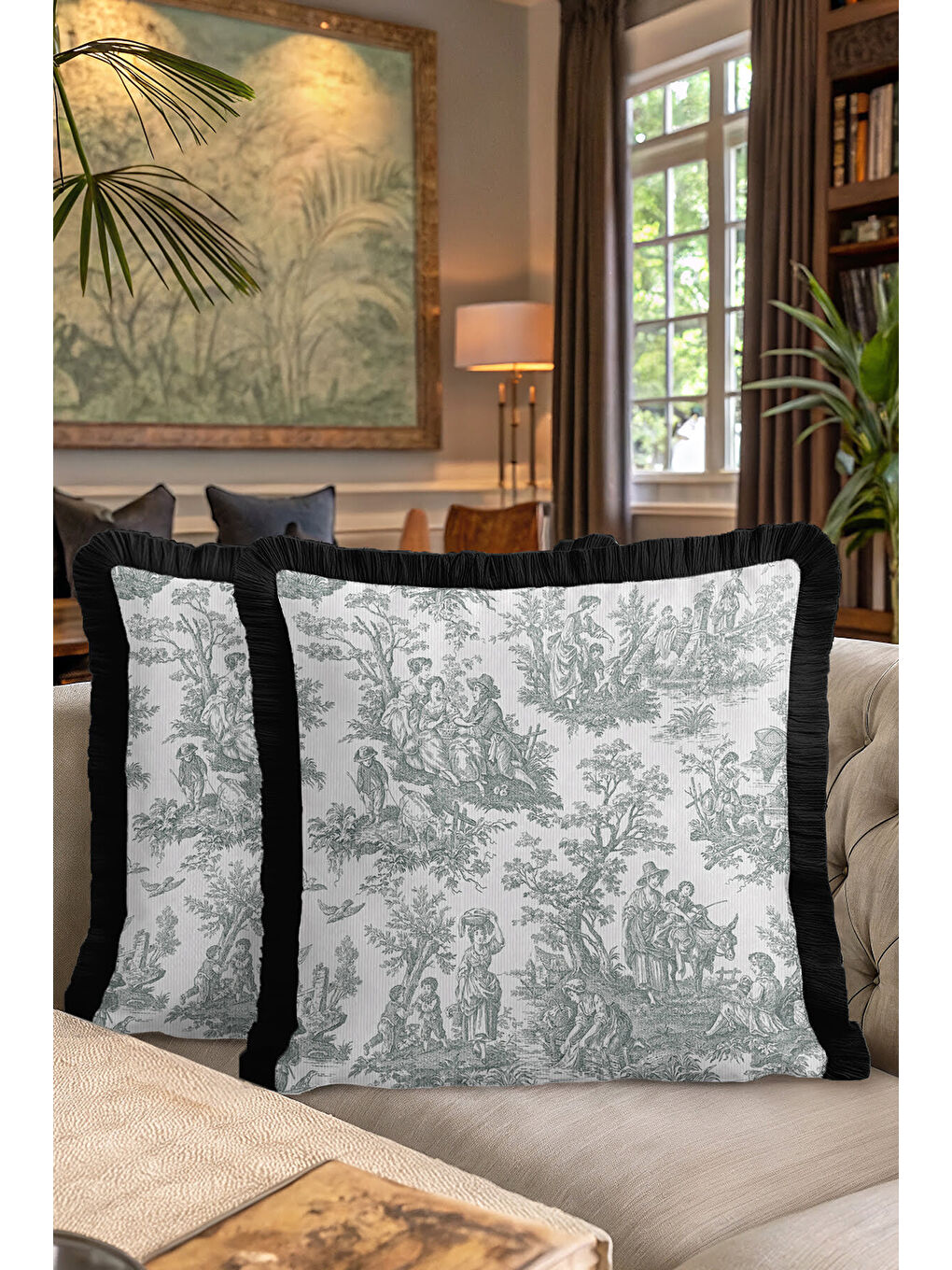 Karışık Fransız Şıklığı Saçaklı Yastık Kılıfı - Klasik Country Siyah Beyaz Püsküllü Kırlent Kılıfı-7