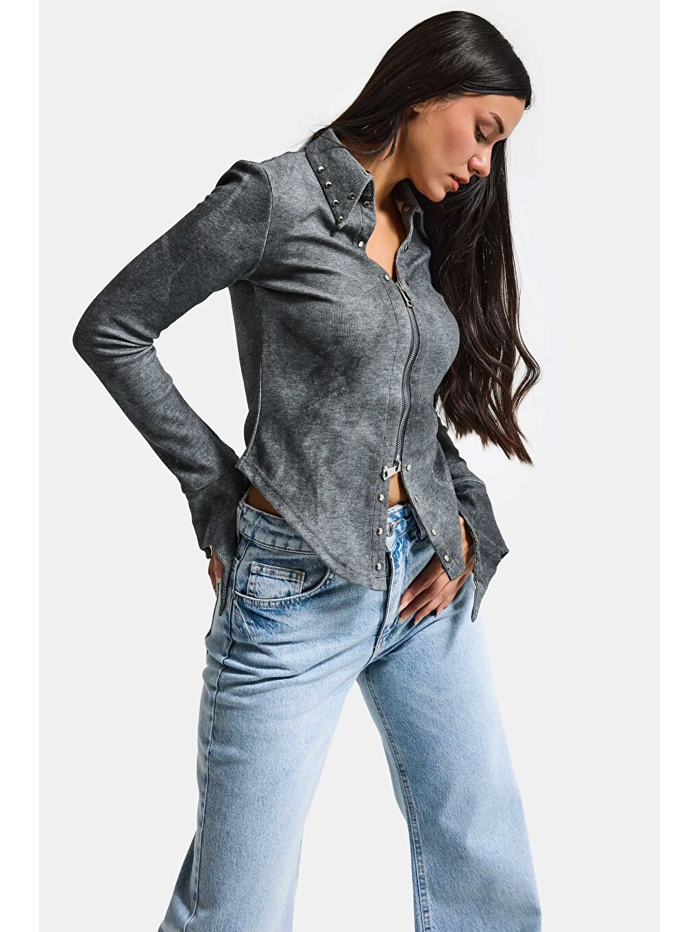 Kadın Gri w5 Fermuar ve Drop Detaylı Özel Tasarım Crop Top-5