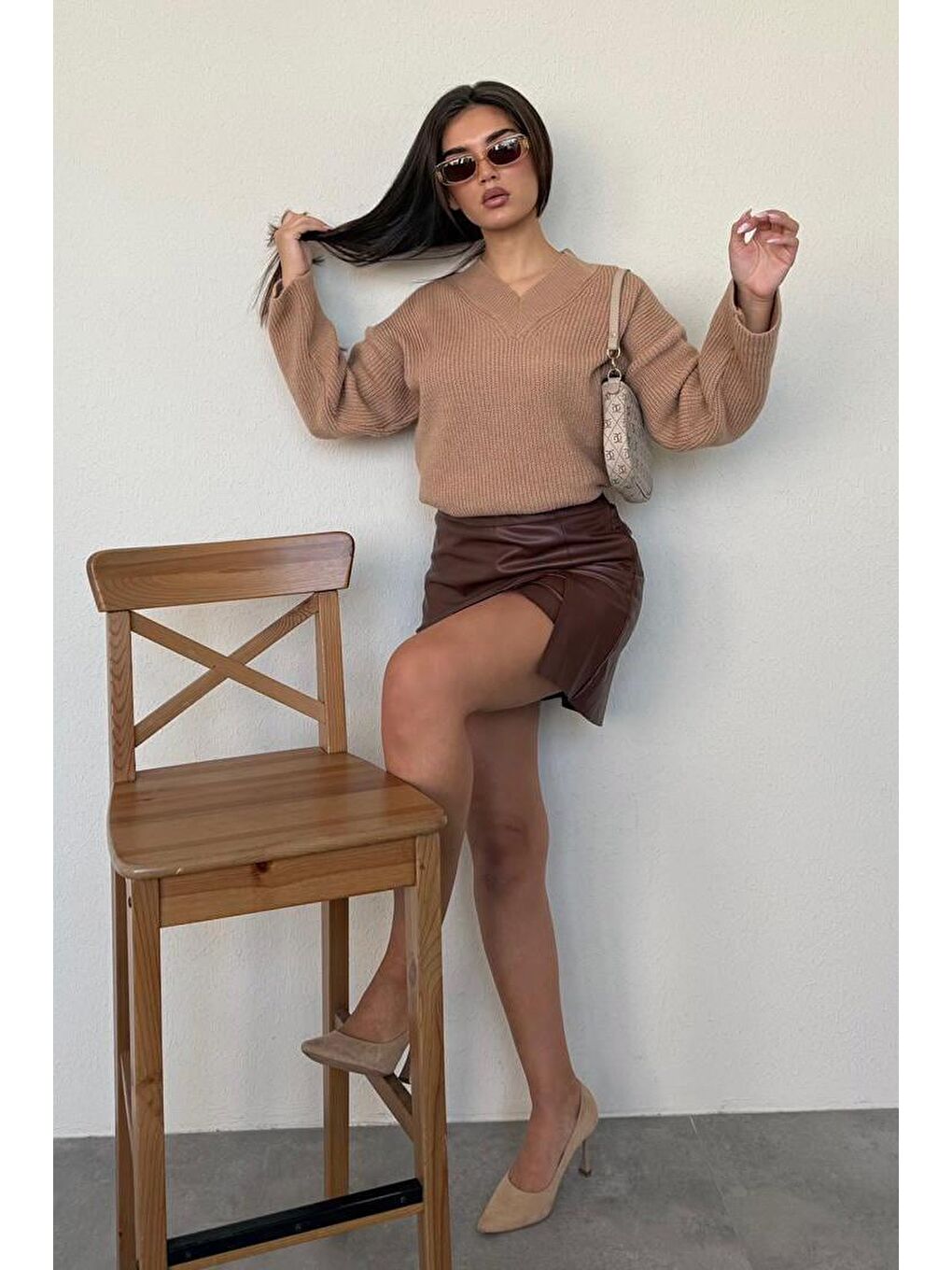 Kahverengi Camel V Yaka Triko Kadın Kazak Mg2501-8