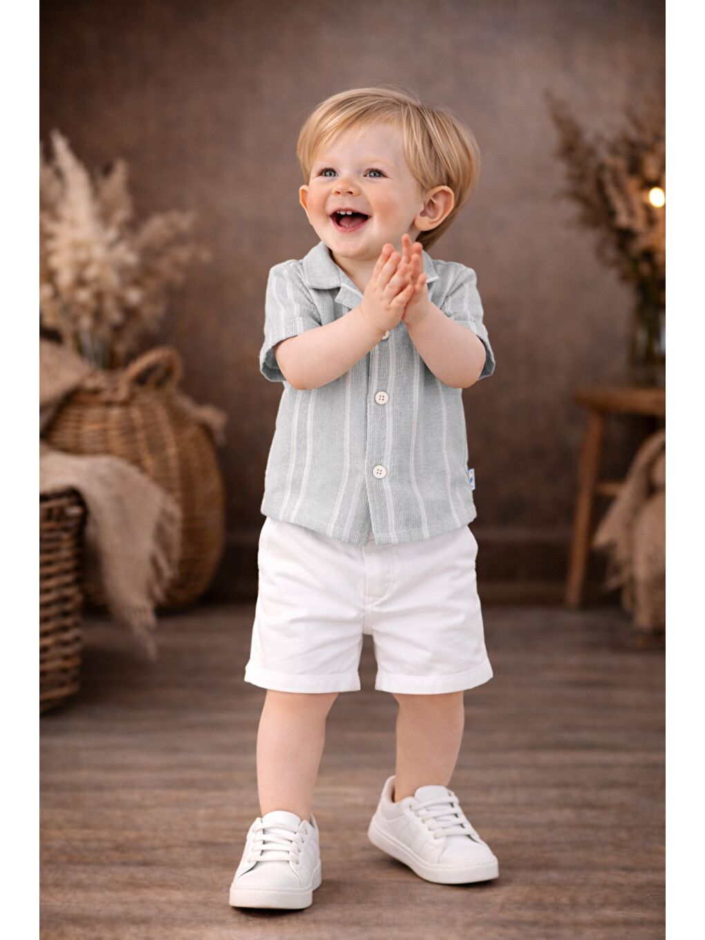 Gri Erkek Bebek Çizgili Gömlek Şort Takım Yazlık 2’li Kombin-4