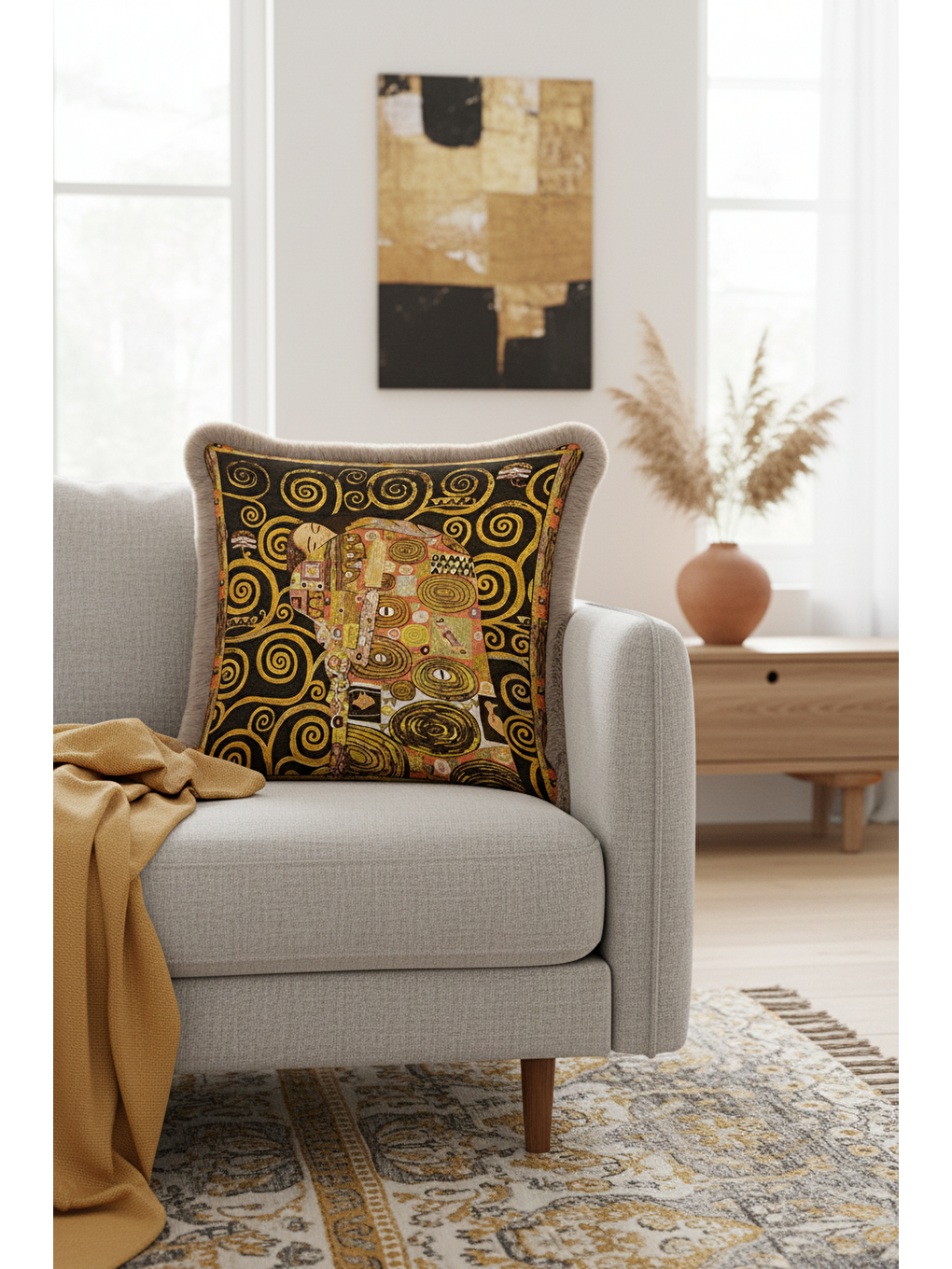 Karışık Sanat Eseri İllüstrasyonlu Saçaklı Yastık Kılıfı - Soyut Bohem Altın Renkli Püsküllü Kırlent Kılıfı-1