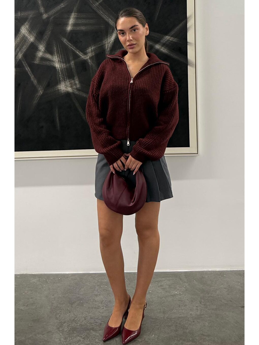 Bordo Fermuarlı Kadın Triko Hırka Mg2532-8