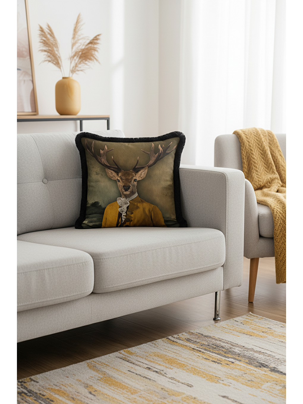 Karışık Sofistike Vintage Avangard Saçaklı Yastık Kılıfı - Portre Klasik Retro Gold Püsküllü Kırlent Kılıfı-1