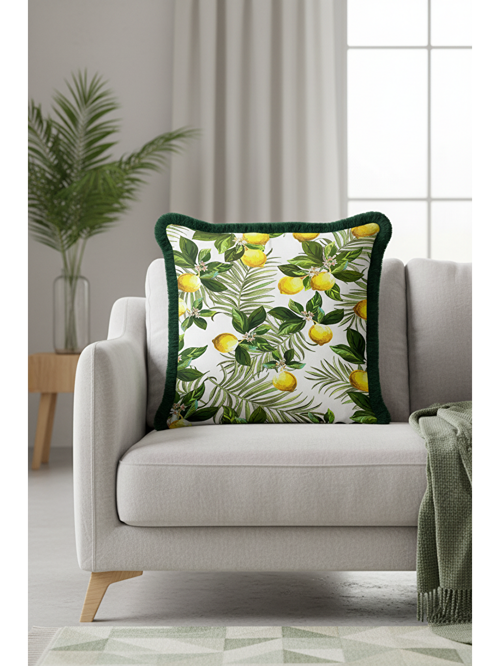 Karışık Limon Bahçesi Saçaklı Yastık Kılıfı - Tropik Doğa Temalı Yeşil Sarı Bohem Püsküllü Kırlent Kılıfı-1