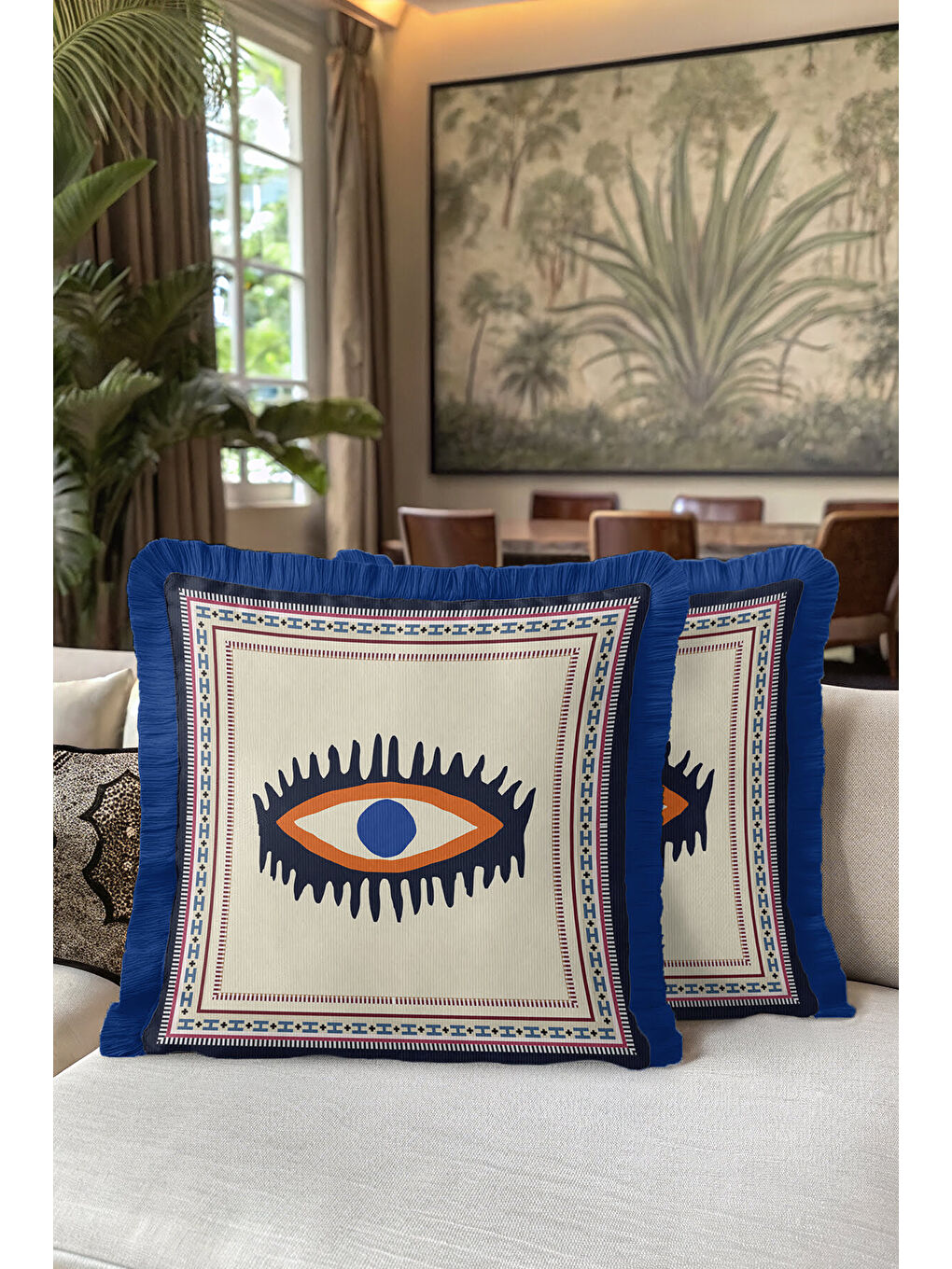 Karışık Etnik Motifli Saçaklı Yastık Kılıfı - Nazar Temalı Bohem Lacivert Püsküllü Kırlent Kılıfı-5