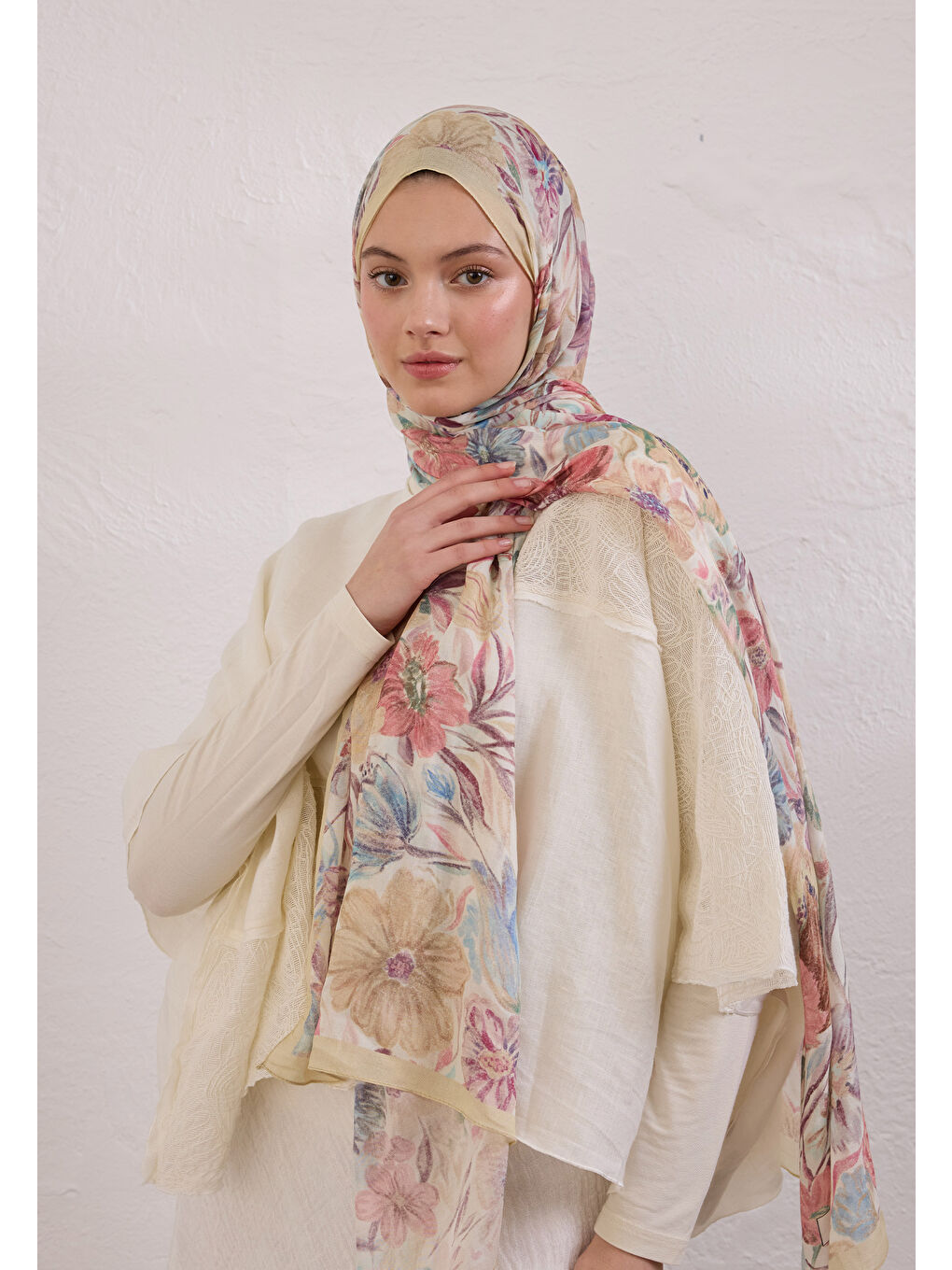 Sarı Vıntage Garden Desen Rami Şal Tereyağı-1