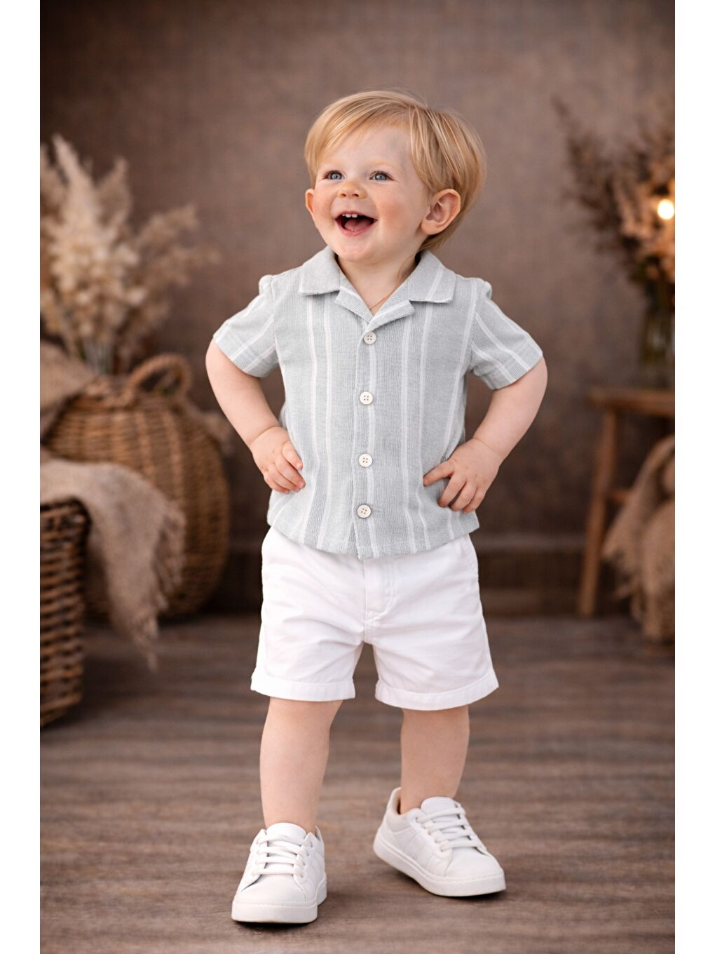 Gri Erkek Bebek Çizgili Gömlek Şort Takım Yazlık 2’li Kombin-5
