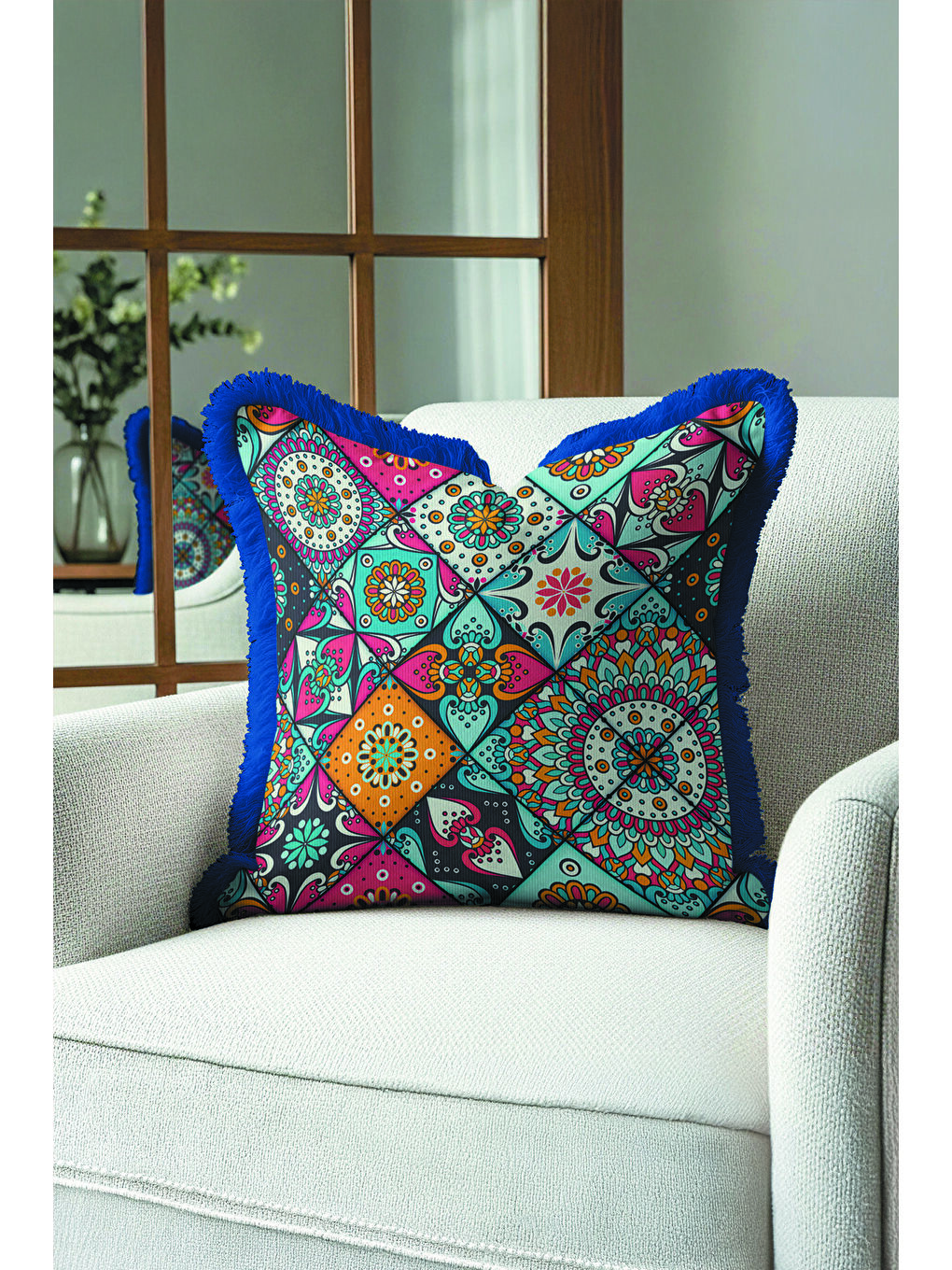 Karışık Etnik Mandala Saçaklı Yastık Kılıfı - Canlı Bohem Mavi Turuncu Püsküllü Kırlent Kılıfı