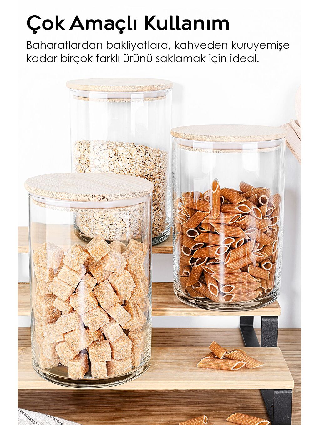 Renksiz 3'lü Bambu Kapak Cam Saklama Kabı Etiketli Vakum Kapaklı Bakliyat Erzak Cam Kavanoz Seti 1050 ml-2