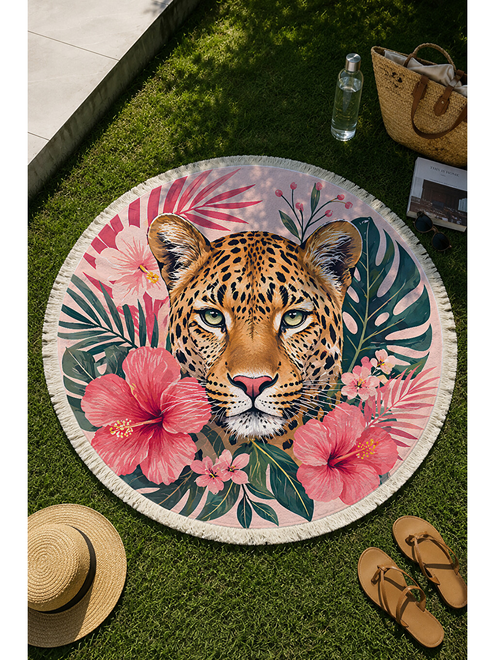 Mercan Yuvarlak Plaj Havlusu 150 Cm Leopar Ve Tropikal Çiçek Desenli Baskılı Plaj Havlusu
