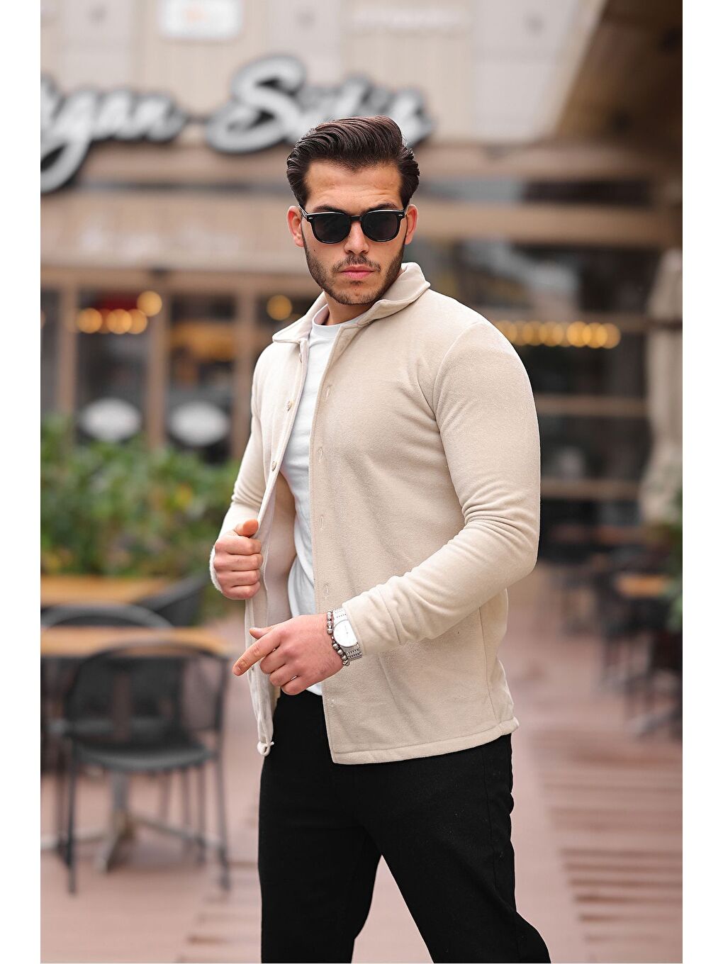 Bej Erkek Polar Rahat Kalıp Gömlek-2