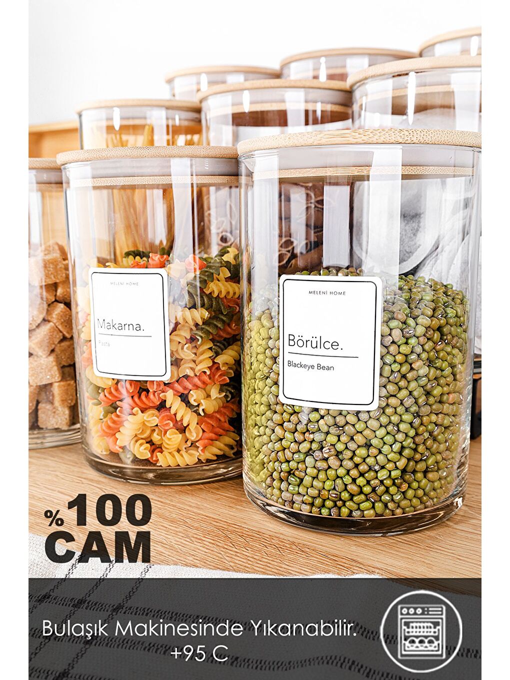 Renksiz 3'lü Bambu Kapak Cam Saklama Kabı Etiketli Vakum Kapaklı Bakliyat Erzak Cam Kavanoz Seti 1050 ml-4