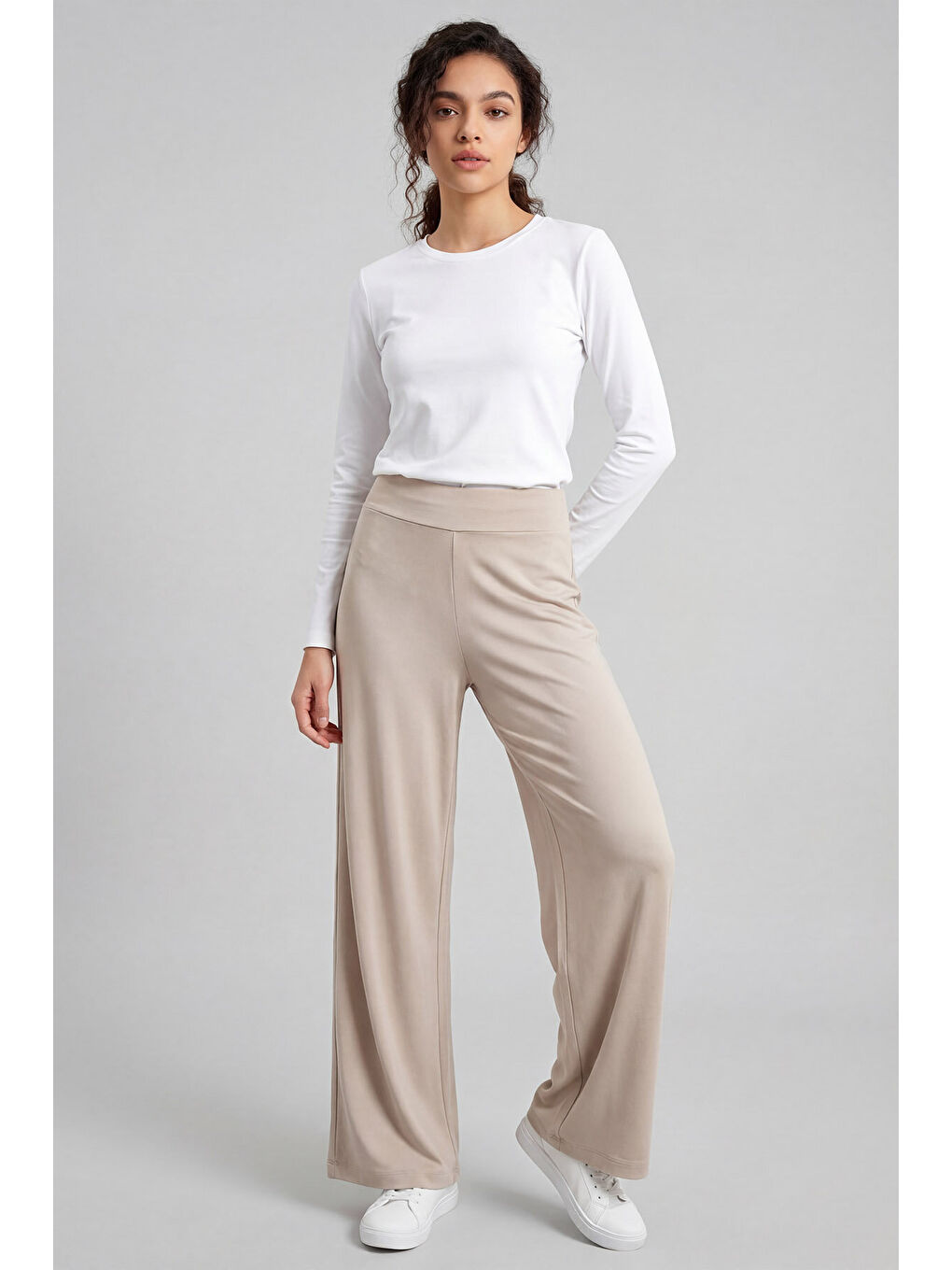 Bej Comfort Fit Geniş Paça Korsajlı Palazzo Kadın Pantolon - 94681-1