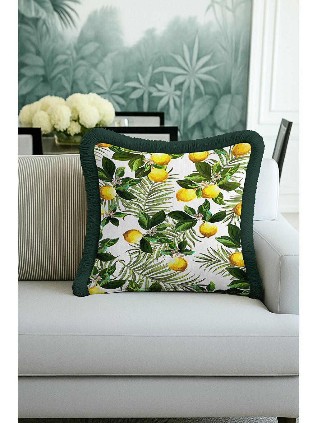 Karışık Limon Bahçesi Saçaklı Yastık Kılıfı - Tropik Doğa Temalı Yeşil Sarı Bohem Püsküllü Kırlent Kılıfı-2