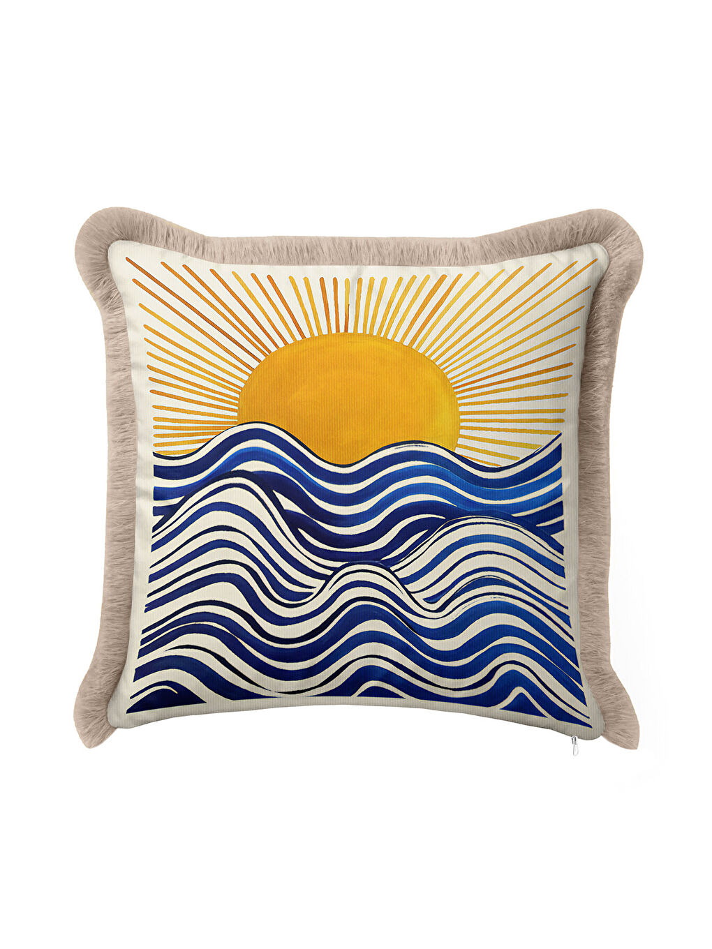 Karışık Deniz Dalgası Saçaklı Yastık Kılıfı - Akdeniz Temalı Modern Mavi Altın Renk Püsküllü Kırlent Kılıfı-2