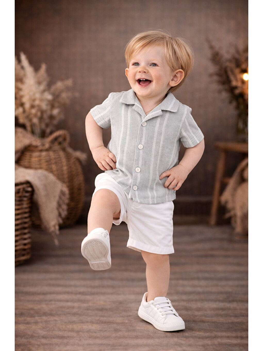 Gri Erkek Bebek Çizgili Gömlek Şort Takım Yazlık 2’li Kombin-6