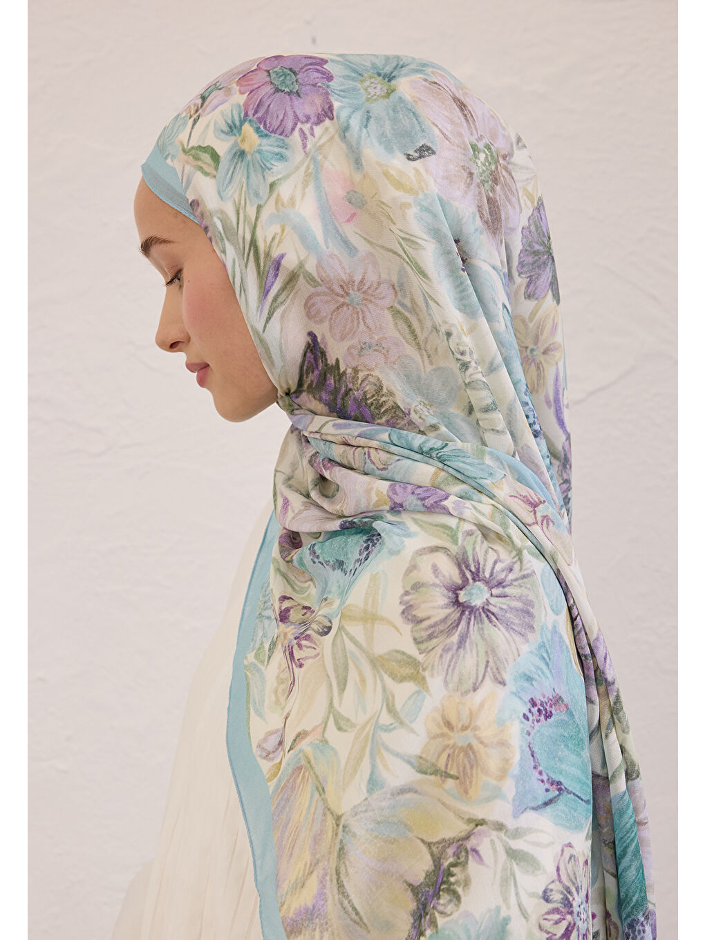 Vıntage Garden Desen Rami Şal Gök Mavi-1