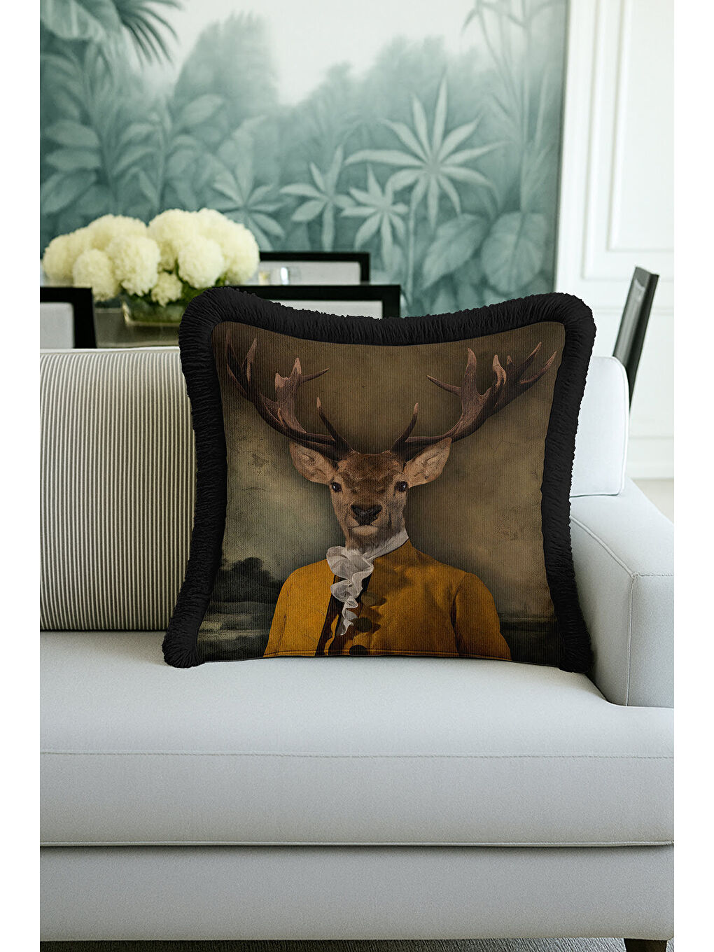 Karışık Sofistike Vintage Avangard Saçaklı Yastık Kılıfı - Portre Klasik Retro Gold Püsküllü Kırlent Kılıfı-2