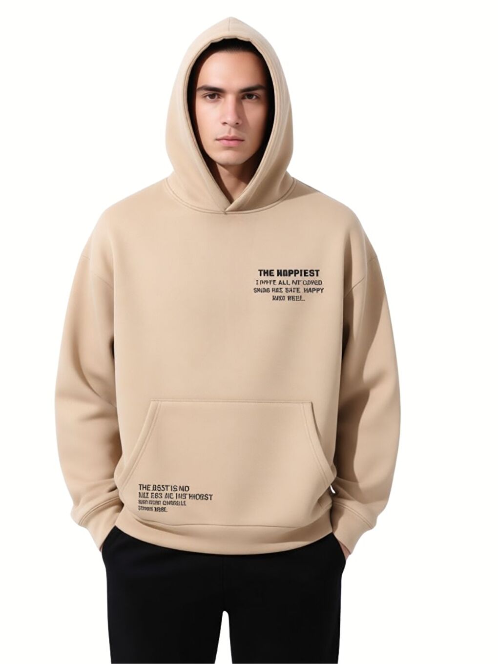 2Li Set Bej+Siyah The Happiest Baskılı Pamuklu Oversize Kapüşonlu Sweatshirt Hoodie-1