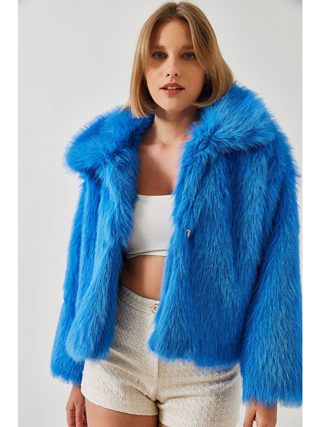 Mavi Kadın Yakalı Suni Kürklü Astarlı Mont-6