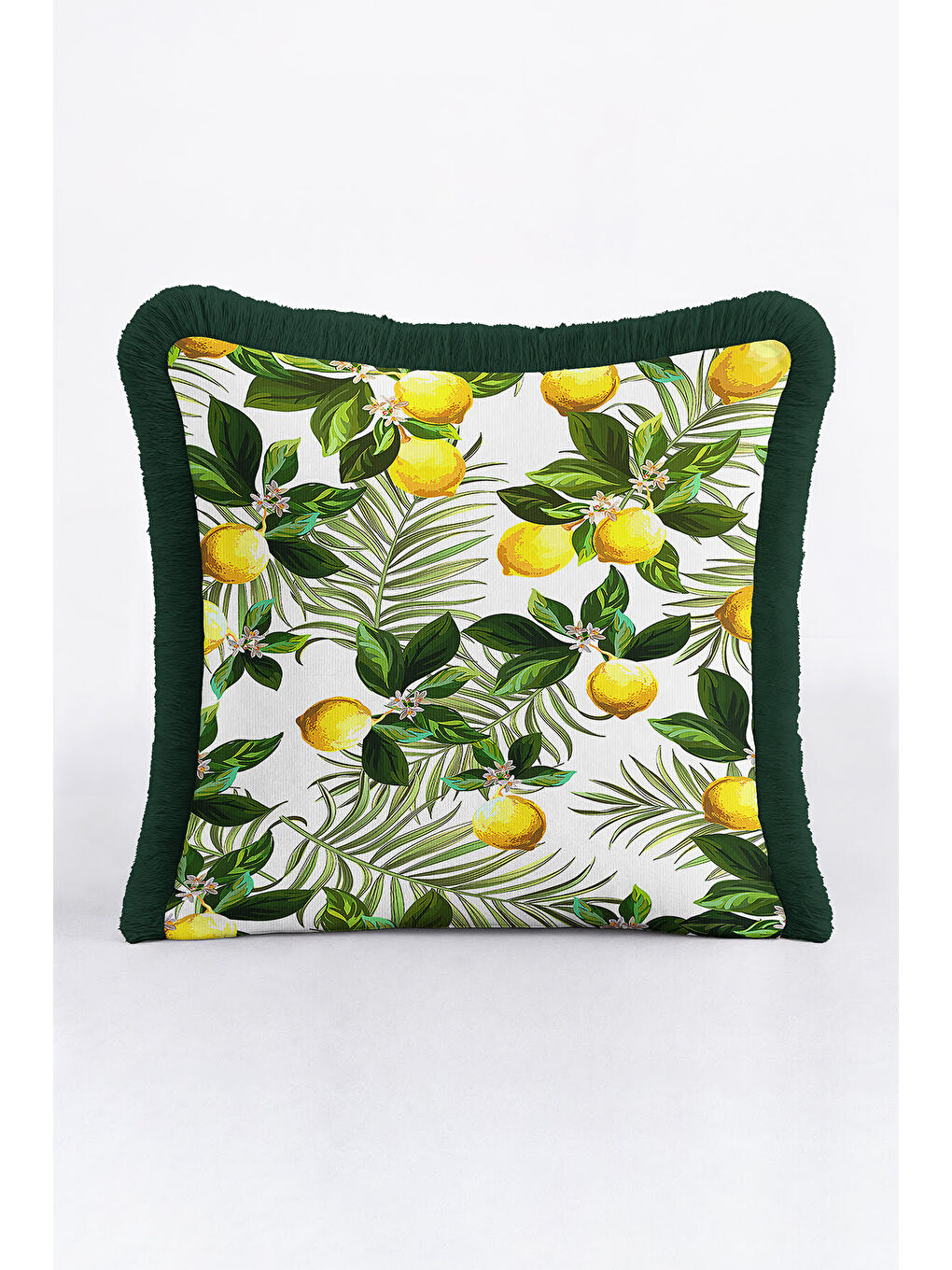 Karışık Limon Bahçesi Saçaklı Yastık Kılıfı - Tropik Doğa Temalı Yeşil Sarı Bohem Püsküllü Kırlent Kılıfı-3