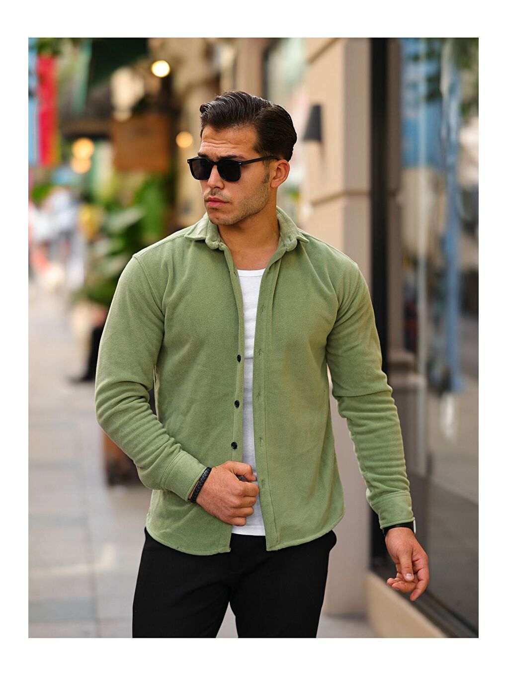 Yeşil Erkek Polar Rahat Kalıp Gömlek