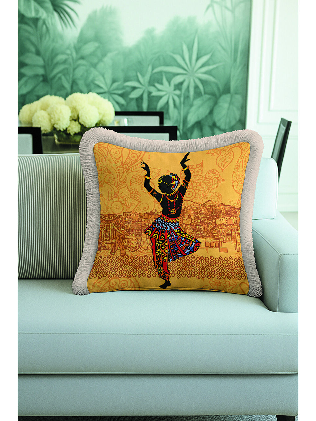 Karışık Hint Motifli Saçaklı Yastık Kılıfı - Sanatsal Bohem Altın Renkli Gri Püsküllü Kırlent Kılıfı