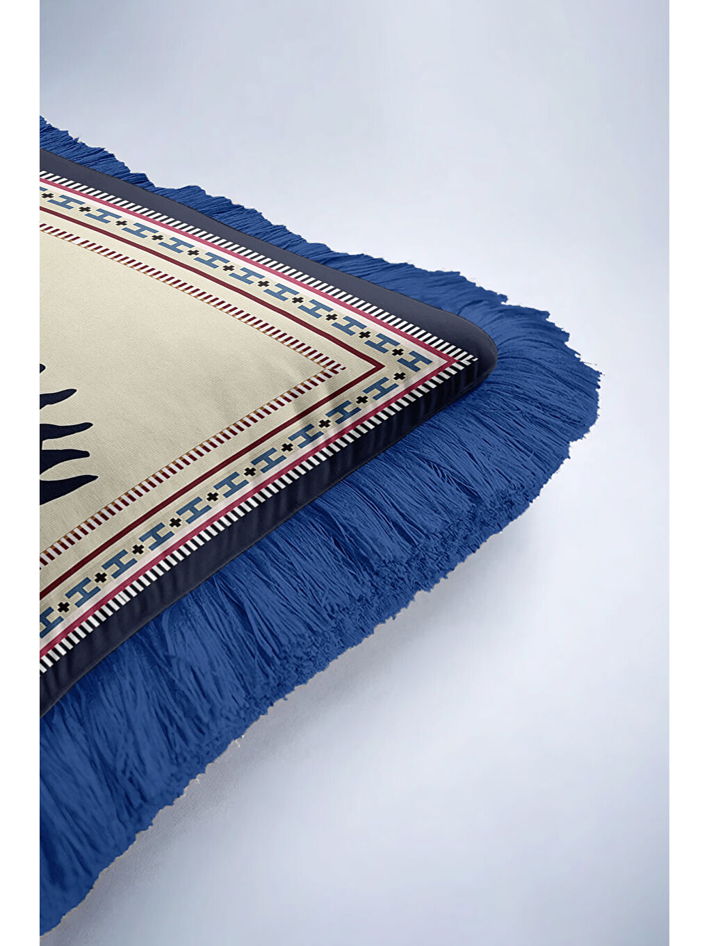 Karışık Etnik Motifli Saçaklı Yastık Kılıfı - Nazar Temalı Bohem Lacivert Püsküllü Kırlent Kılıfı-6