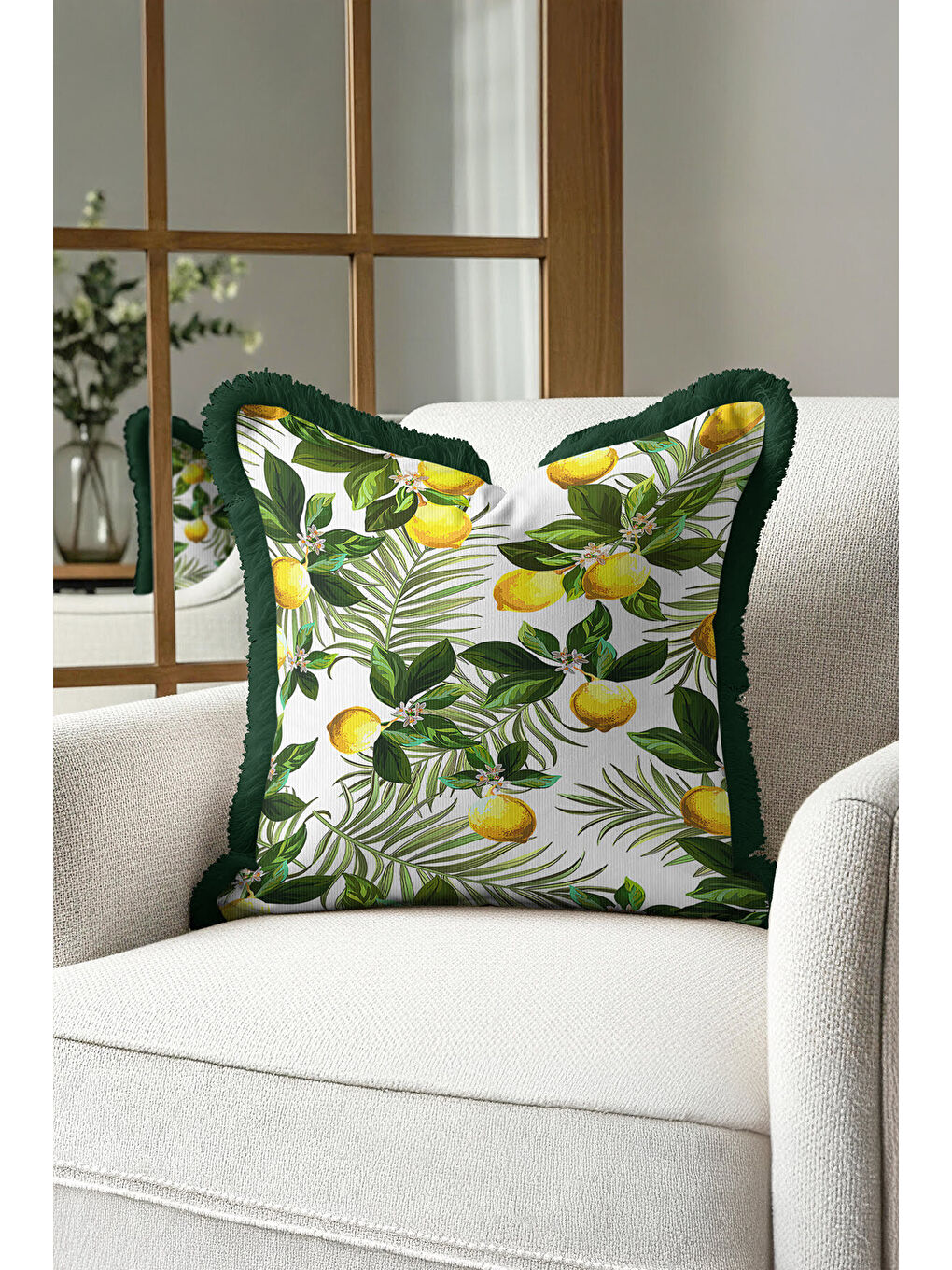 Karışık Limon Bahçesi Saçaklı Yastık Kılıfı - Tropik Doğa Temalı Yeşil Sarı Bohem Püsküllü Kırlent Kılıfı-4