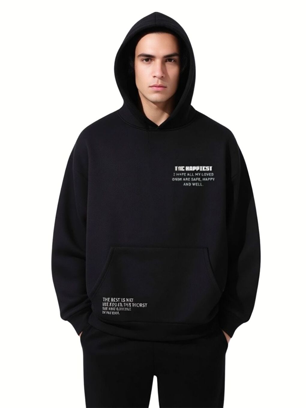2Li Set Bej+Siyah The Happiest Baskılı Pamuklu Oversize Kapüşonlu Sweatshirt Hoodie-2
