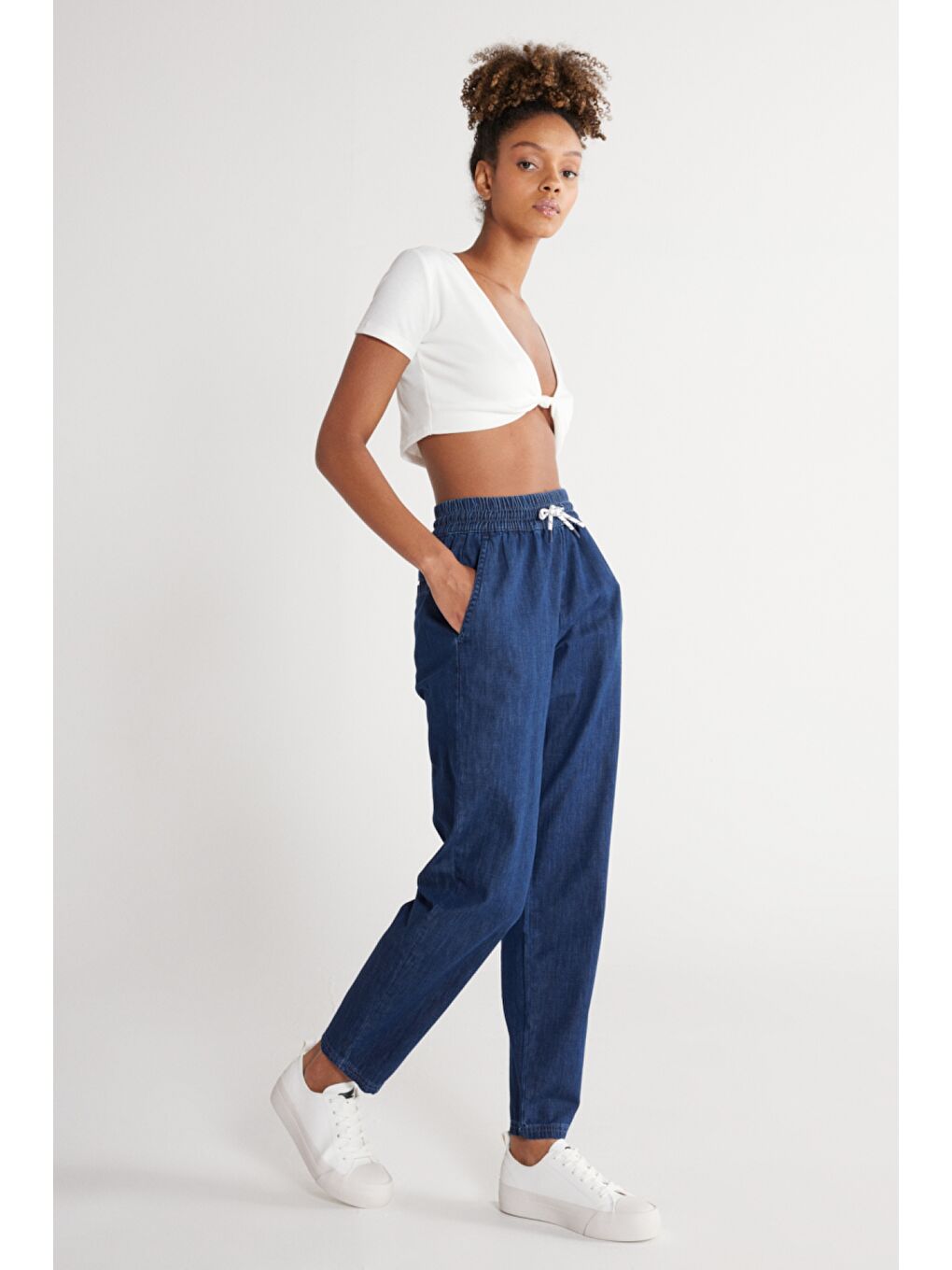 Bej Regular Fit Normal Kesim %100 Pamuk Yüksek Bel Jean Jogger Pantolon-3