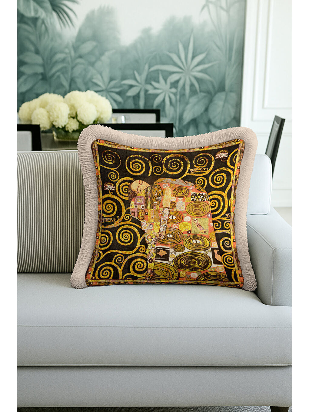 Karışık Sanat Eseri İllüstrasyonlu Saçaklı Yastık Kılıfı - Soyut Bohem Altın Renkli Püsküllü Kırlent Kılıfı-2