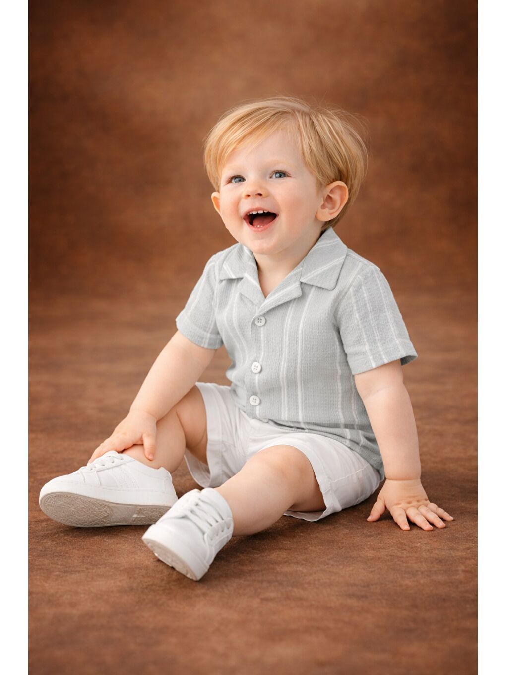 Gri Erkek Bebek Çizgili Gömlek Şort Takım Yazlık 2’li Kombin-7