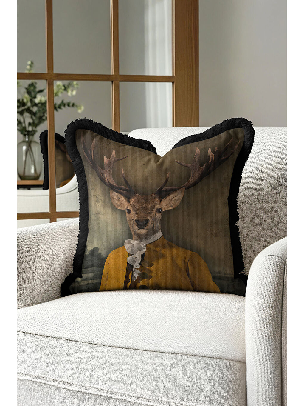 Karışık Sofistike Vintage Avangard Saçaklı Yastık Kılıfı - Portre Klasik Retro Gold Püsküllü Kırlent Kılıfı-3