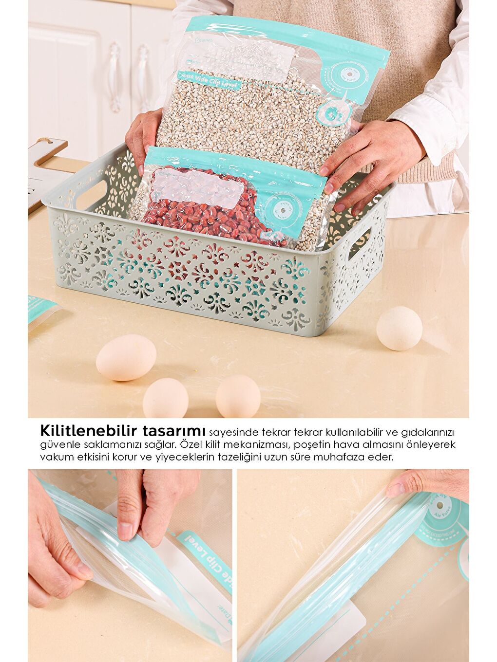 Renksiz 10'lu Vaku mlu Gıda Saklama Torbası Hava Almaz Kilitli Şeffaf Poşet Vaku mlu Poşet-3