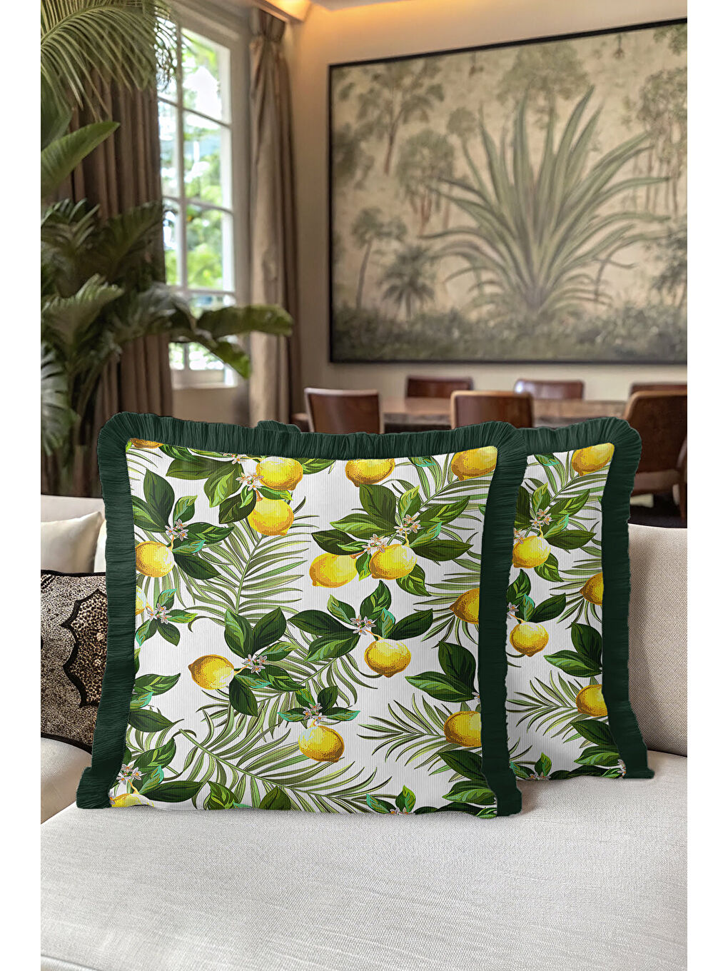 Karışık Limon Bahçesi Saçaklı Yastık Kılıfı - Tropik Doğa Temalı Yeşil Sarı Bohem Püsküllü Kırlent Kılıfı-5