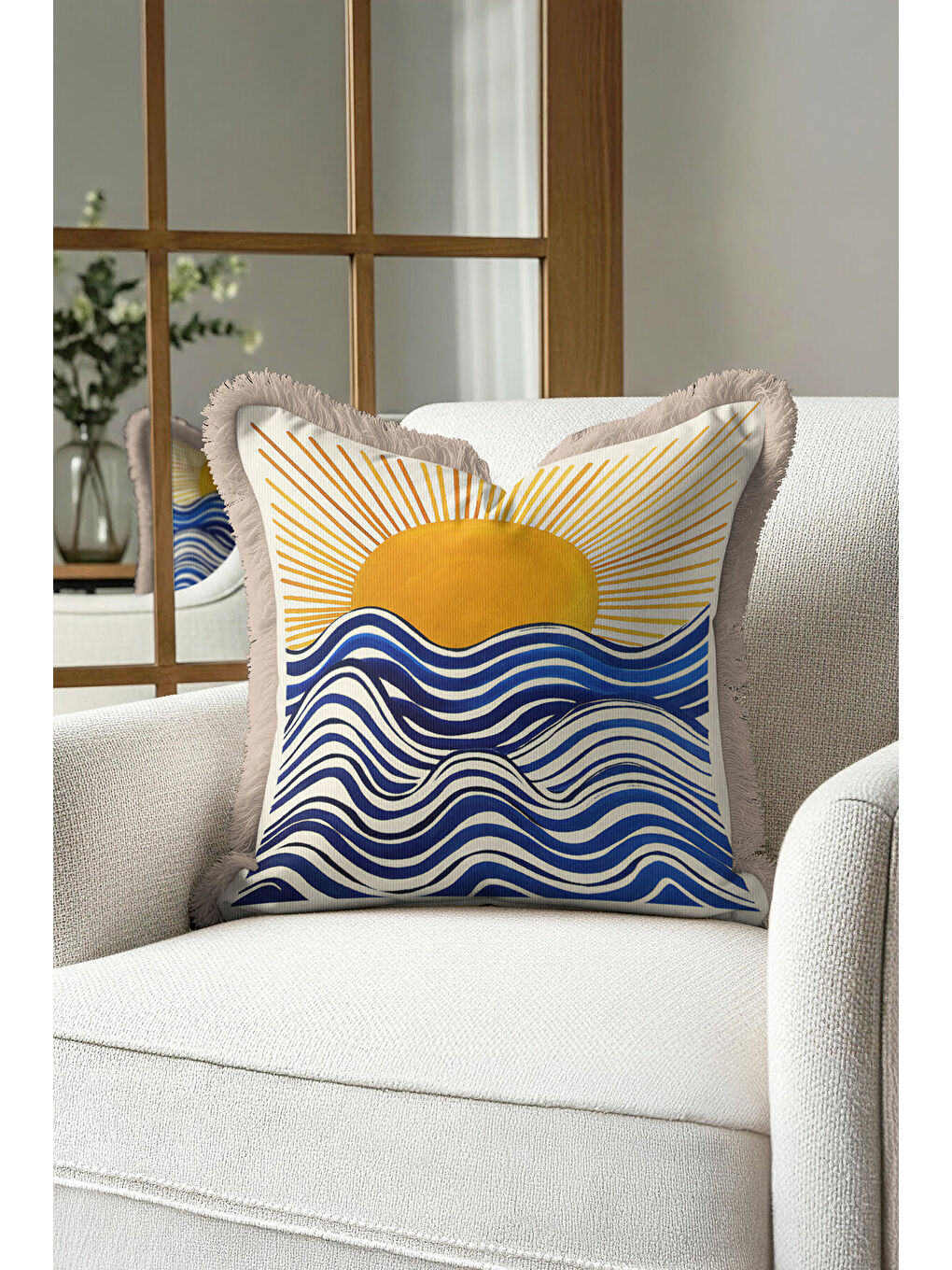 Karışık Deniz Dalgası Saçaklı Yastık Kılıfı - Akdeniz Temalı Modern Mavi Altın Renk Püsküllü Kırlent Kılıfı-3
