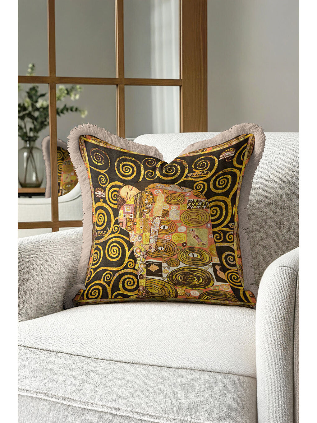 Karışık Sanat Eseri İllüstrasyonlu Saçaklı Yastık Kılıfı - Soyut Bohem Altın Renkli Püsküllü Kırlent Kılıfı-3