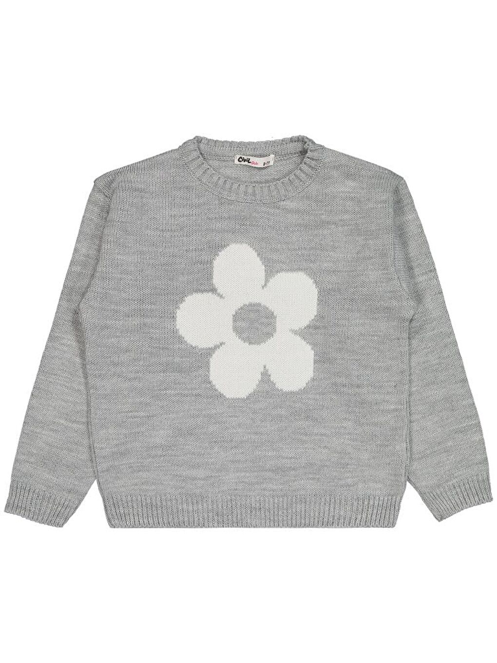 Girls Büyük Çiçek Desenli 6-9 Yaş Kazak - Gri 8-9 Yaş