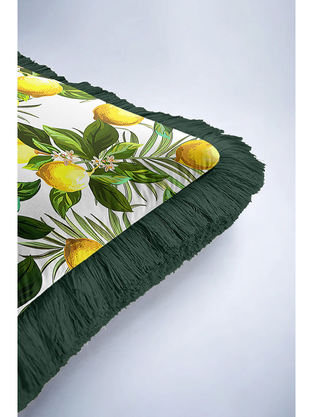 Karışık Limon Bahçesi Saçaklı Yastık Kılıfı - Tropik Doğa Temalı Yeşil Sarı Bohem Püsküllü Kırlent Kılıfı-6
