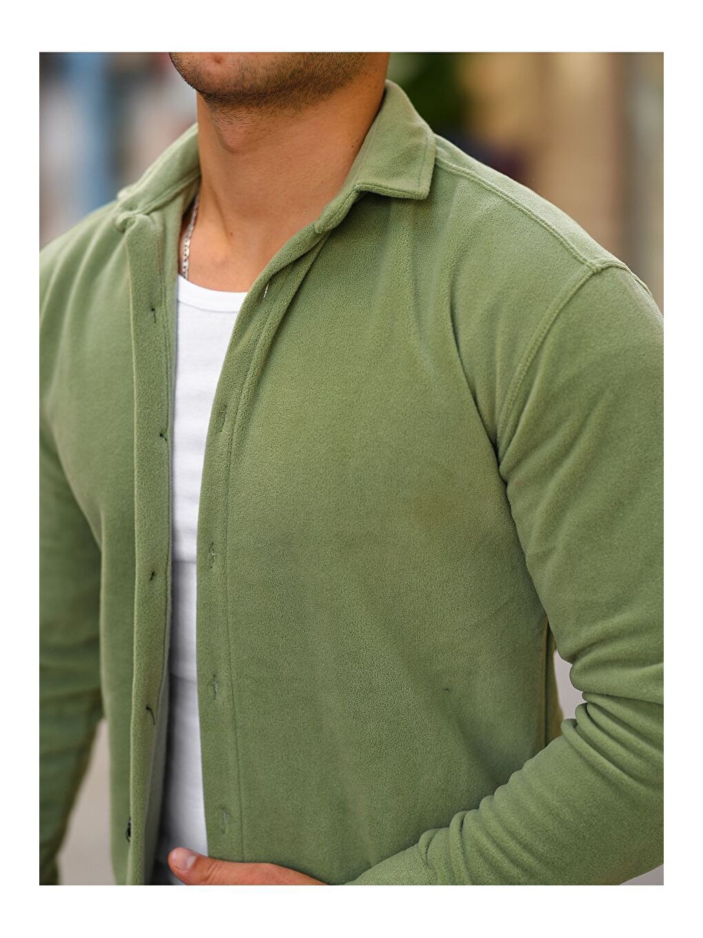 Yeşil Erkek Polar Rahat Kalıp Gömlek-1