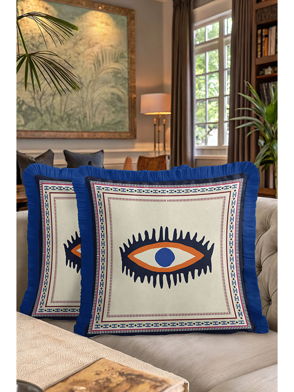 Karışık Etnik Motifli Saçaklı Yastık Kılıfı - Nazar Temalı Bohem Lacivert Püsküllü Kırlent Kılıfı-7
