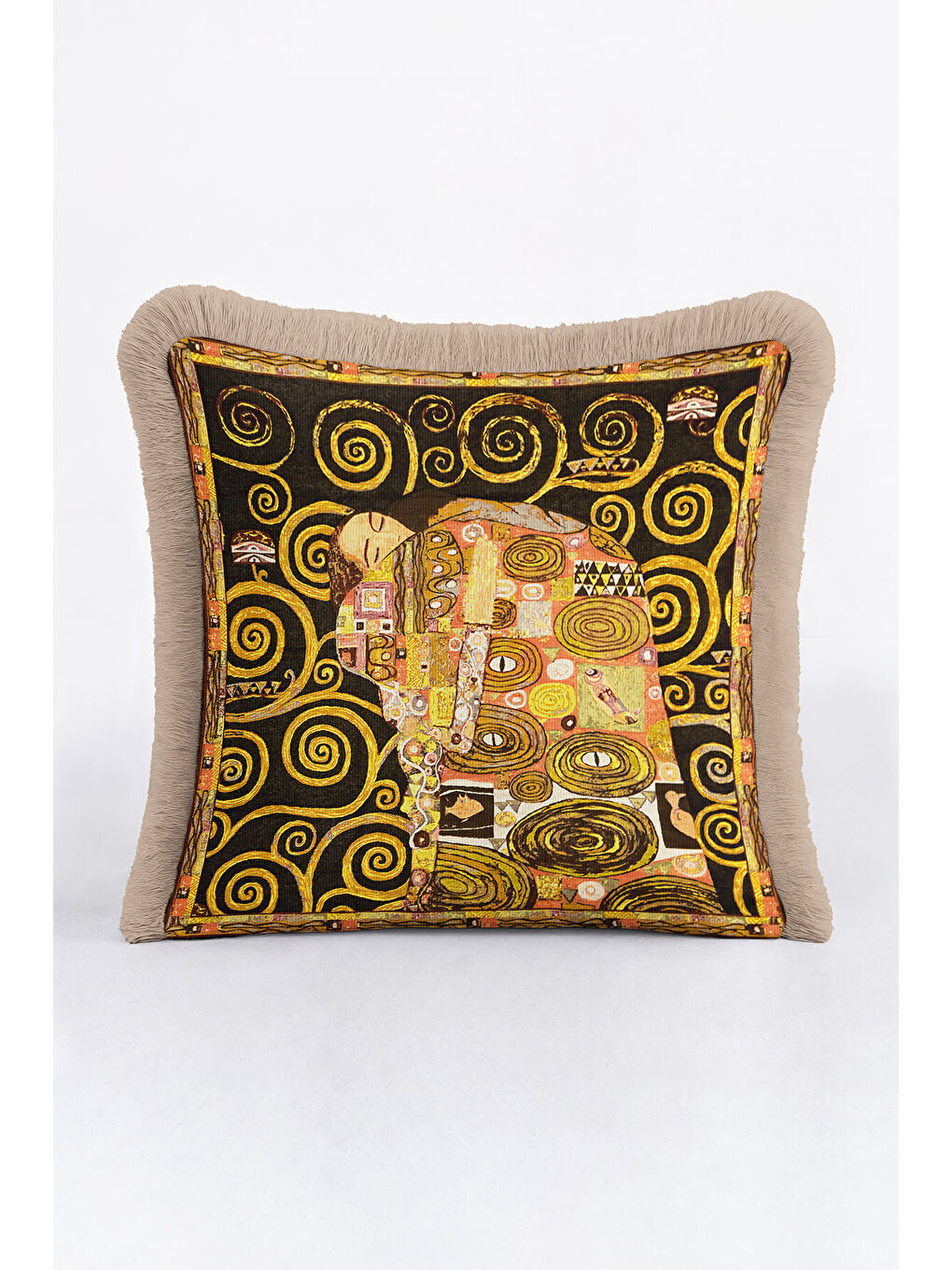 Karışık Sanat Eseri İllüstrasyonlu Saçaklı Yastık Kılıfı - Soyut Bohem Altın Renkli Püsküllü Kırlent Kılıfı-4