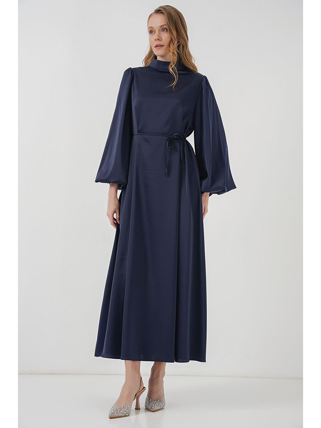 2510 Saten Tesettür Abiye Elbise - Lacivert