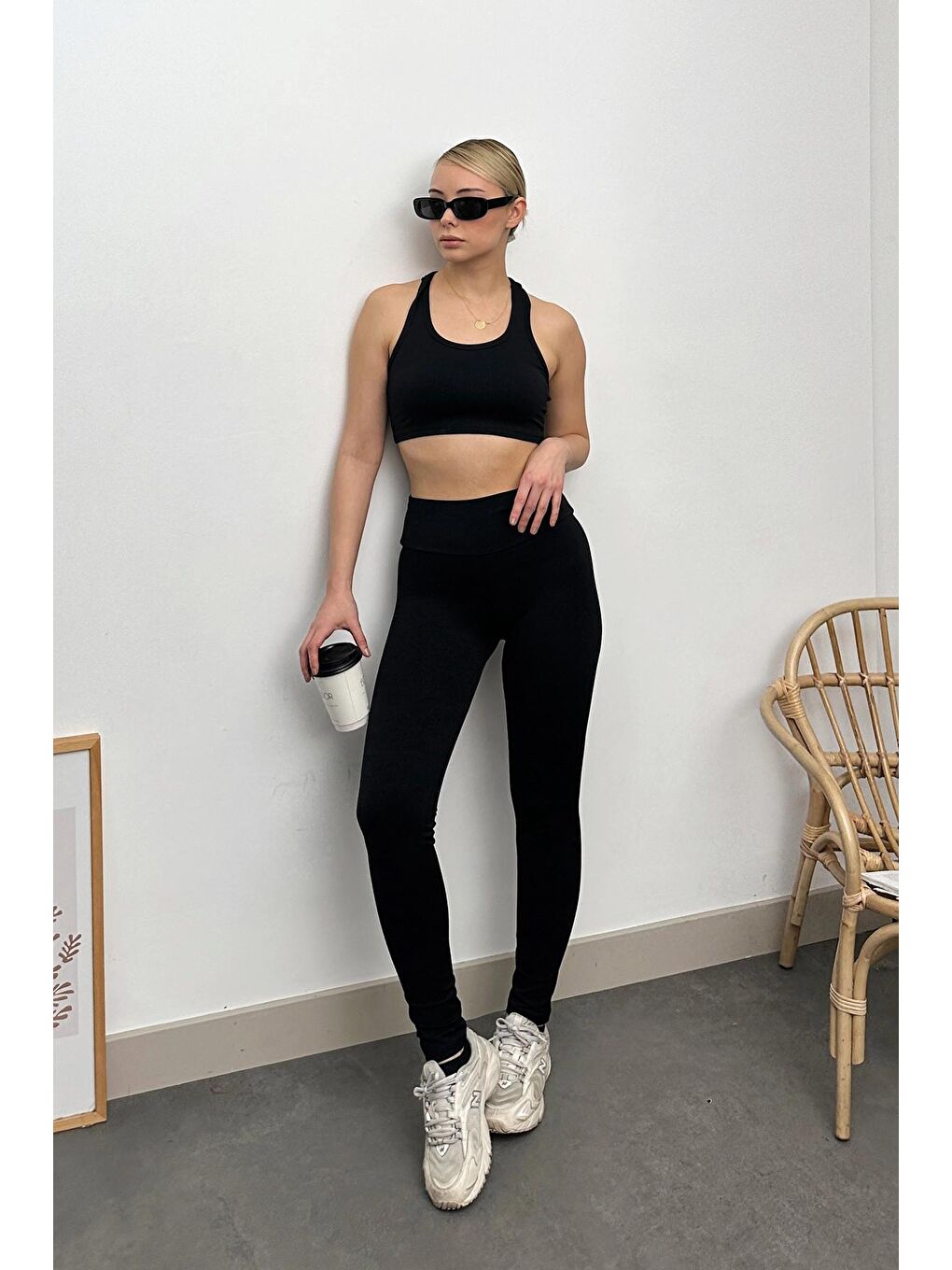 Siyah Yüksek Bel Fitilli Elastanlı Tayt-1