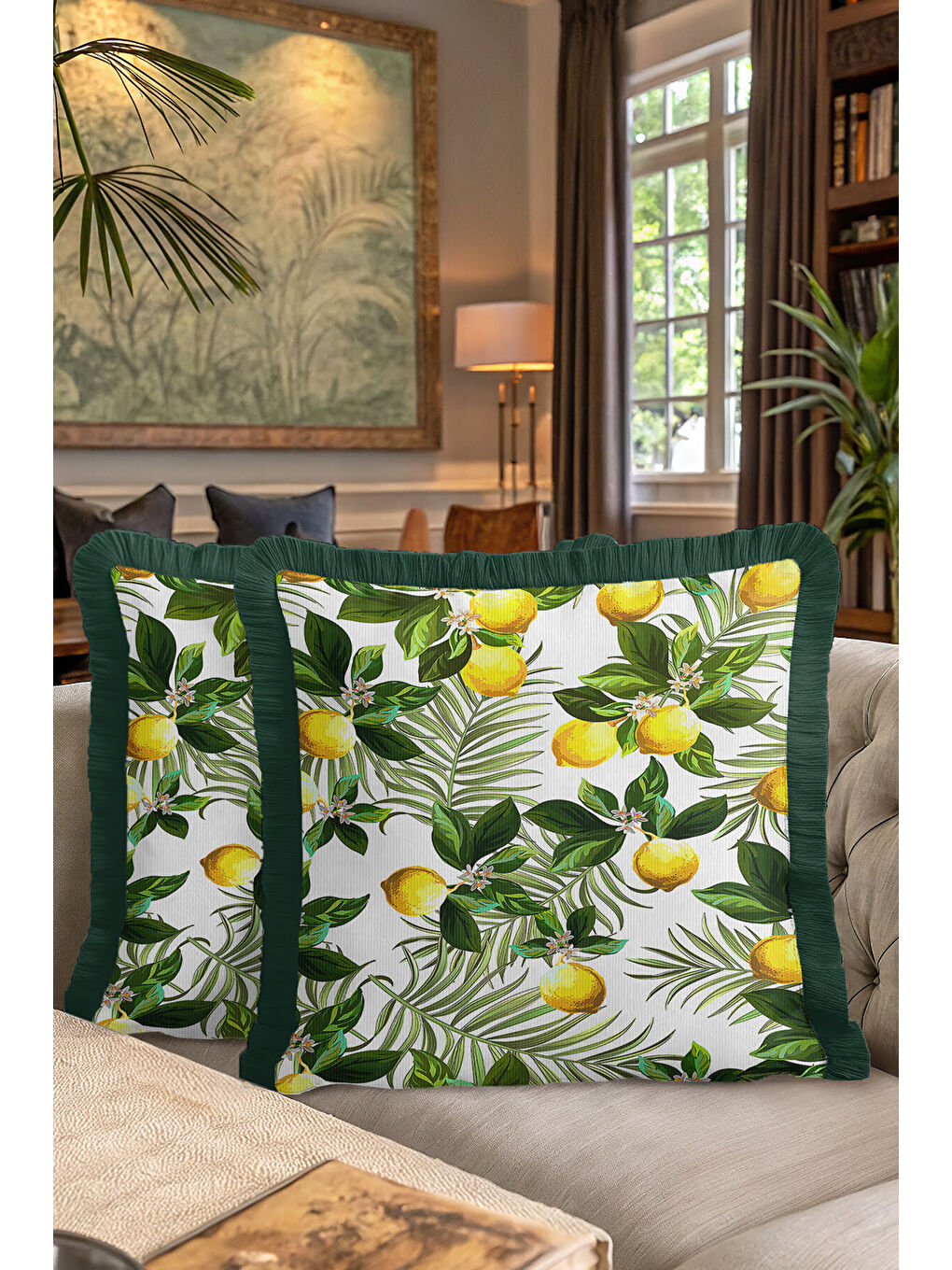Karışık Limon Bahçesi Saçaklı Yastık Kılıfı - Tropik Doğa Temalı Yeşil Sarı Bohem Püsküllü Kırlent Kılıfı-7
