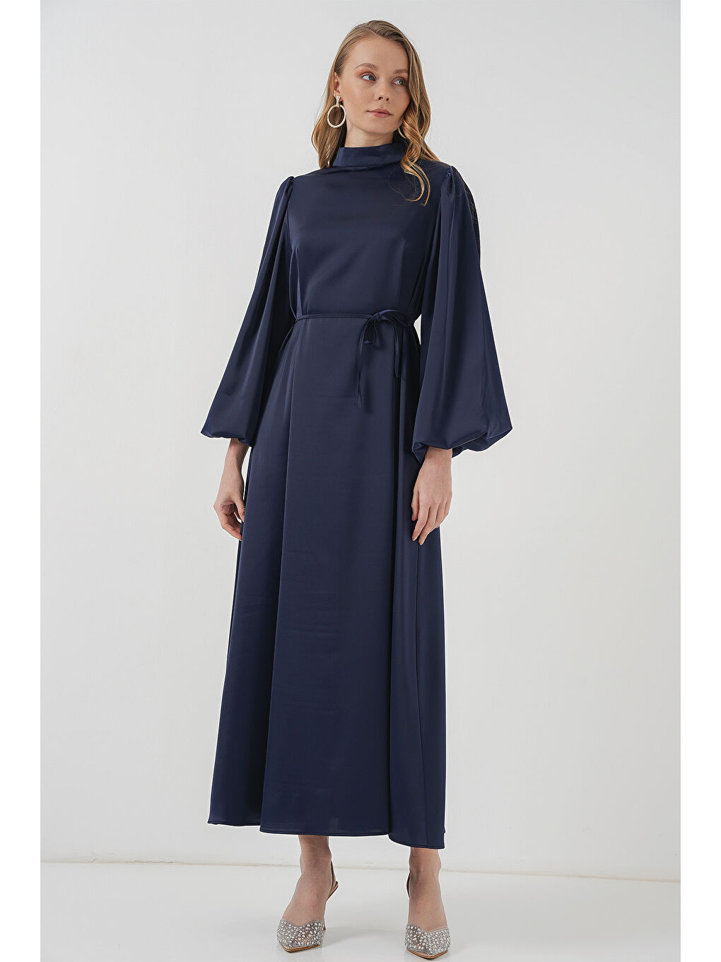 2510 Saten Tesettür Abiye Elbise - Lacivert-2